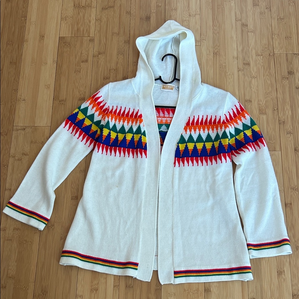 Vintage Retro Groovy 1960s 1970s Boho Rainbow Hooded Cardigan Sweater